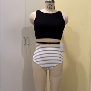 Calia by Carrie Underwood Black Crop Top and Striped High-Waisted Bottoms